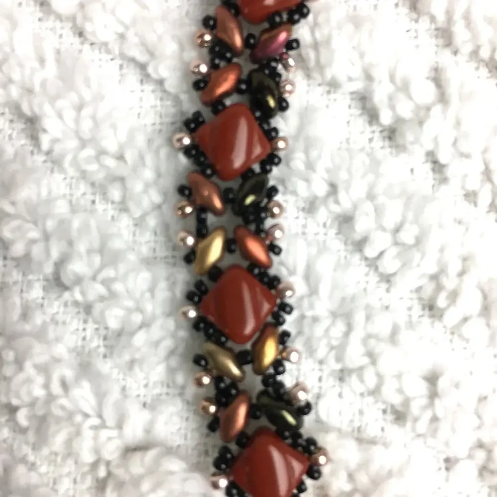 HANDMADE Rust, Gold & Brown Beadwoven Bracelet 7”